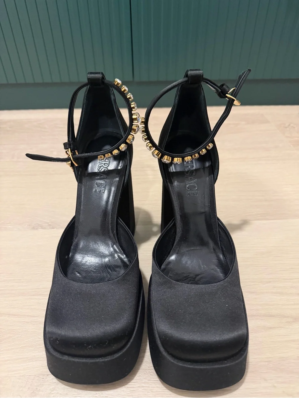 Versace Medusa Black Satin Platform Block Heel Sandals with Crystal Ankle Strap